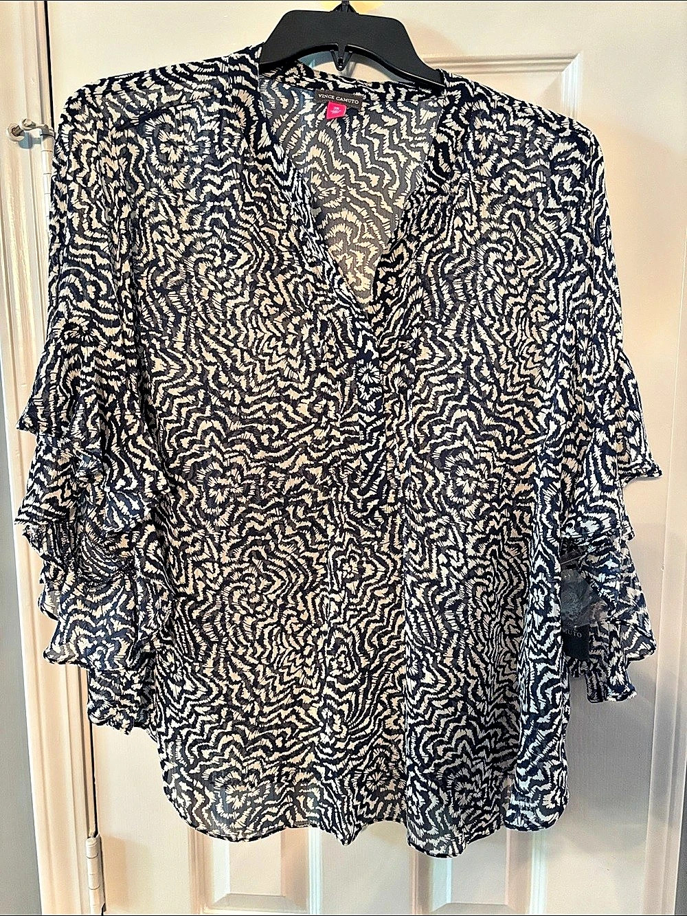 Vince Camuto Sheer Navy & White Playful Paisley Ruffle Sleeve Blouse NWT